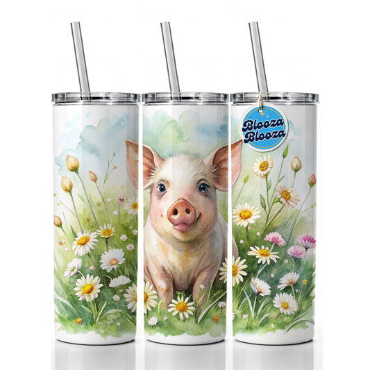 Pig In Daisies Watercolor Design Skinny Tumbler 20oz with Straw Insulated Water Bottle Gift