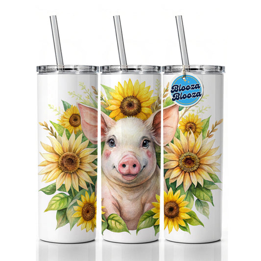 Pig In Sunflowers Watercolor Design Skinny Tumbler 20oz with Straw Insulated Water Bottle Gift