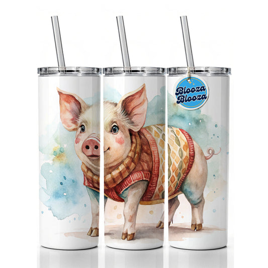 Pig Wearing A Sweater Watercolor Skinny Tumbler 20oz with Straw Insulated Water Bottle Gift