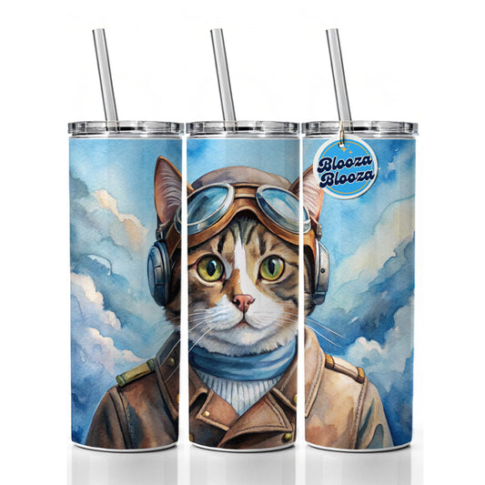 Pilot Cat Watercolor Skinny Tumbler 20oz with Straw Insulated Water Bottle Gift