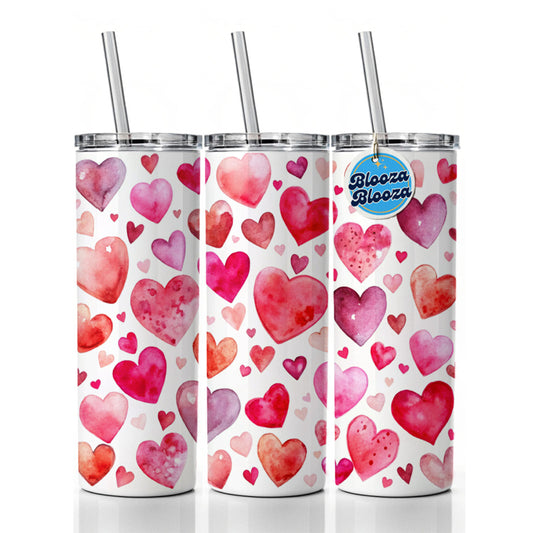 Pink And Red Scattered Hearts Watercolor Skinny Tumbler 20oz with Straw Insulated Water Bottle Gift