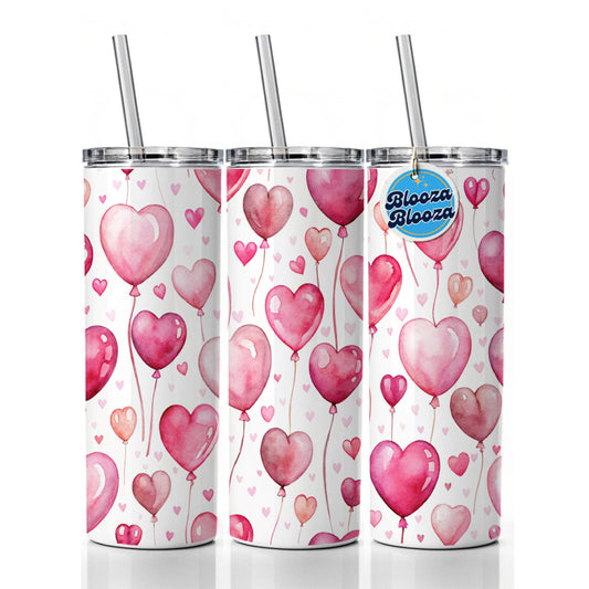 Pink Balloons Hearts Watercolor Birthday Valentine's Love Skinny Tumbler 20oz with Straw Insulated Water Bottle Gift