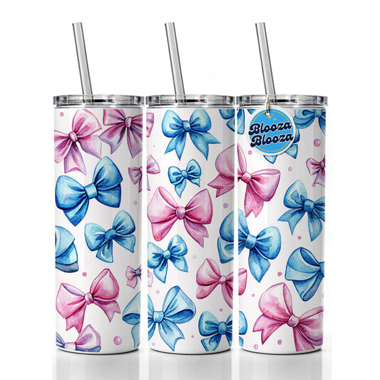 Pink Blue Scattered Coquette Bows Watercolor Skinny Tumbler 20oz with Straw Insulated Water Bottle Gift