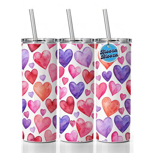Pink Red Purple Hearts Watercolor Skinny Tumbler 20oz with Straw Insulated Water Bottle Gift