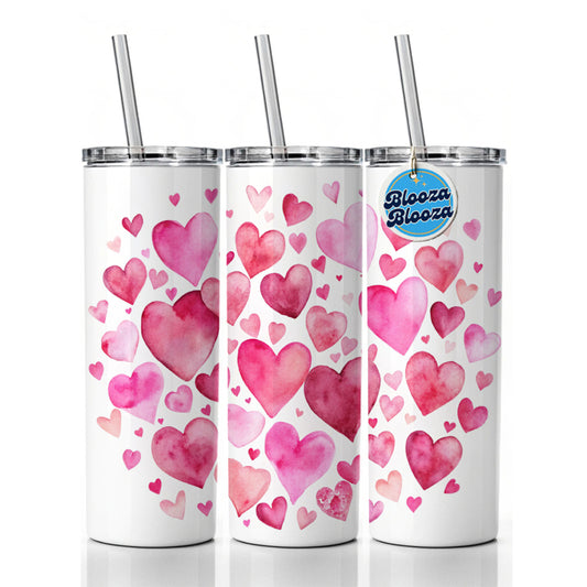 Pink Scattered Hearts Love Valentines Anniversary Watercolor Skinny Tumbler 20oz with Straw Insulated Water Bottle Gift