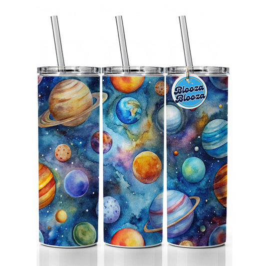 Planets Outer Space Astronomy Watercolor Skinny Tumbler 20oz with Straw Insulated Water Bottle Gift