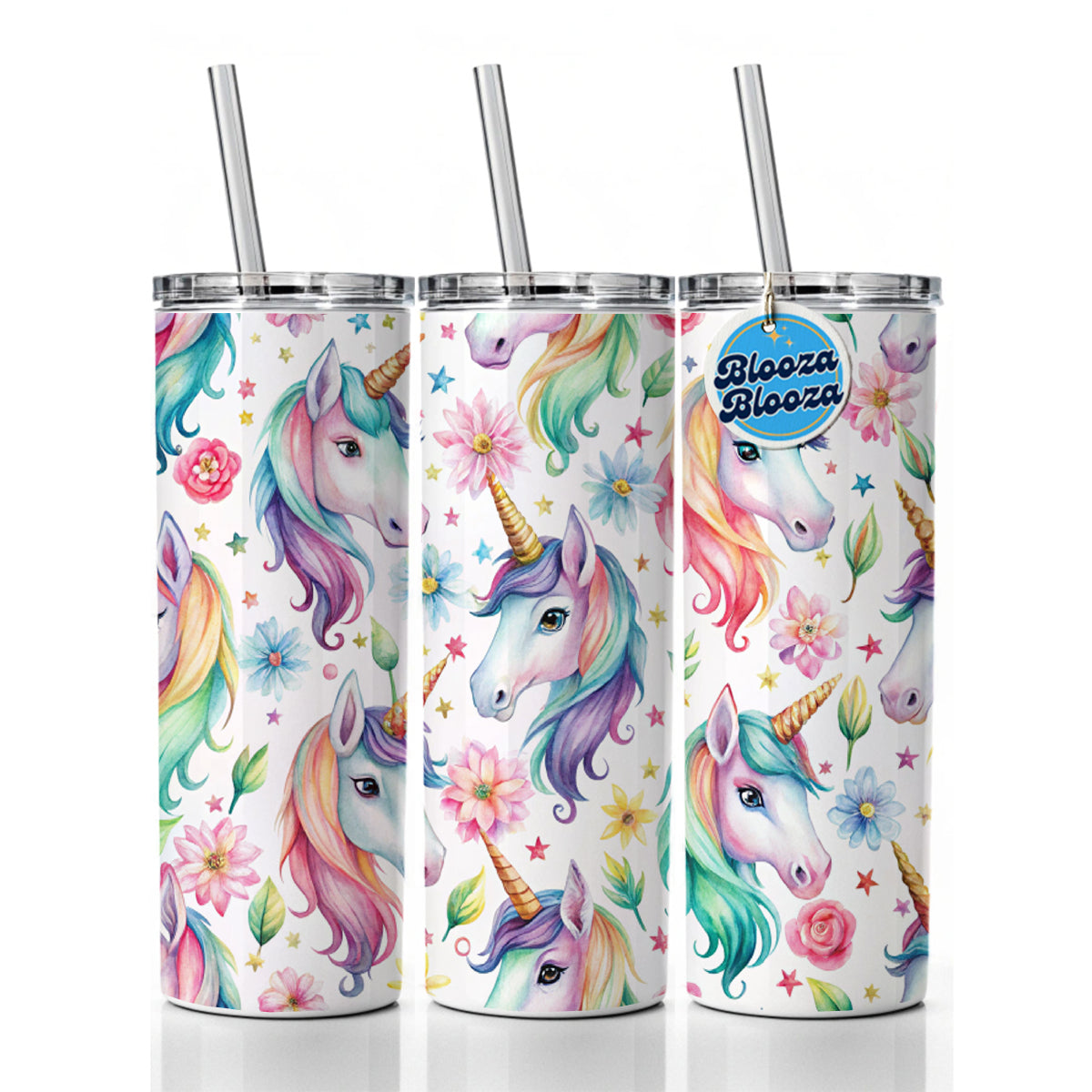 Pretty Unicorn Faces Watercolor Skinny Tumbler 20oz with Straw Insulated Water Bottle Gift