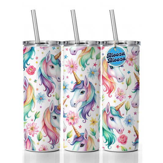 Pretty Unicorn Faces Watercolor Skinny Tumbler 20oz with Straw Insulated Water Bottle Gift