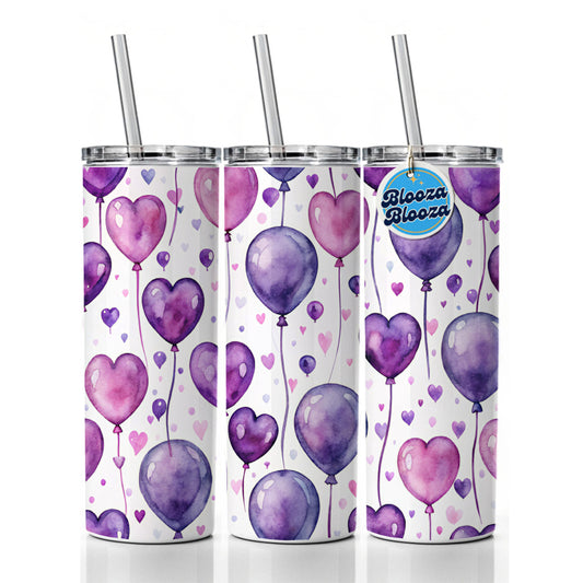 Purple Balloons Hearts Watercolor Birthday Skinny Tumbler 20oz with Straw Insulated Water Bottle Gift