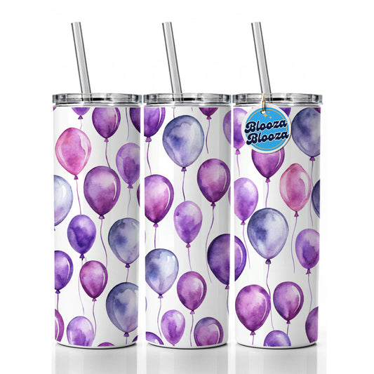 Purple Balloons Watercolor Birthday Skinny Tumbler 20oz with Straw Insulated Water Bottle Gift