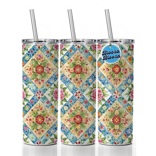 Quilt Floral Pattern Quilter Sewing Skinny Tumbler 20oz with Straw Insulated Water Bottle Gift
