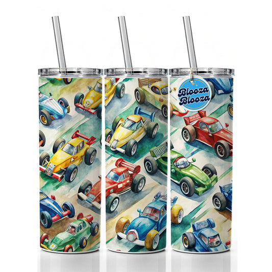 Race Cars Watercolor Skinny Tumbler 20oz with Straw Insulated Water Bottle Gift