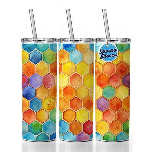 Rainbow Honeycomb Background Watercolor Skinny Tumbler 20oz with Straw Insulated Water Bottle Gift