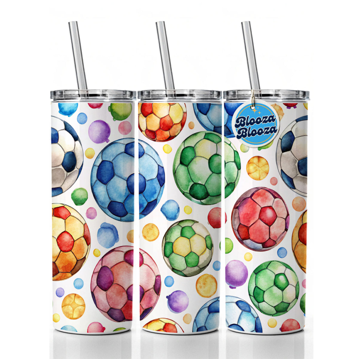 Rainbow Soccer Balls Watercolor Football Skinny Tumbler 20oz with Straw Insulated Water Bottle Gift