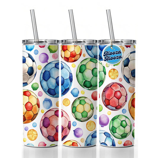 Rainbow Soccer Balls Watercolor Football Skinny Tumbler 20oz with Straw Insulated Water Bottle Gift