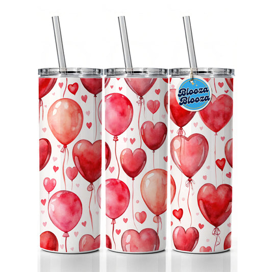 Red Balloons Hearts Watercolor Love Anniversary Skinny Tumbler 20oz with Straw Insulated Water Bottle Gift