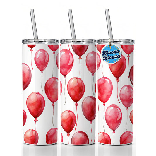 Red Balloons Watercolor Birthday Skinny Tumbler 20oz with Straw Insulated Water Bottle Gift