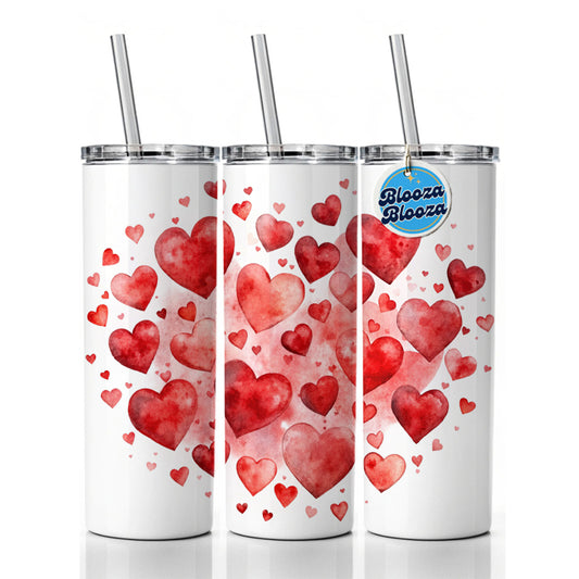 Red Scattered Hearts Love Anniversary Watercolor Skinny Tumbler 20oz with Straw Insulated Water Bottle Gift