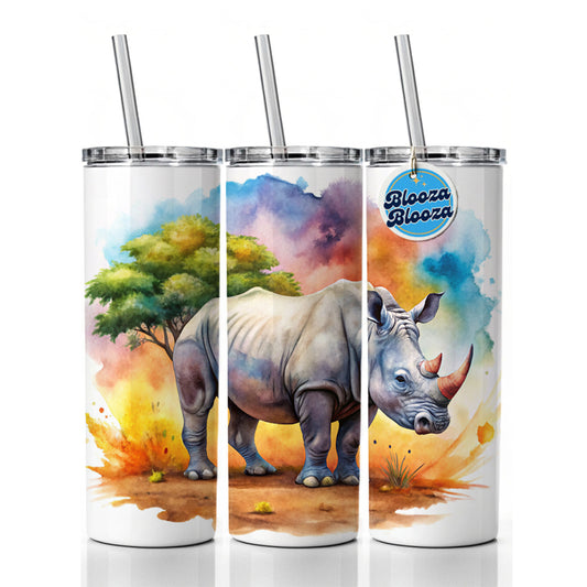 Rhinoceros African Plain Watercolor Design Skinny Tumbler 20oz with Straw Insulated Water Bottle Gift