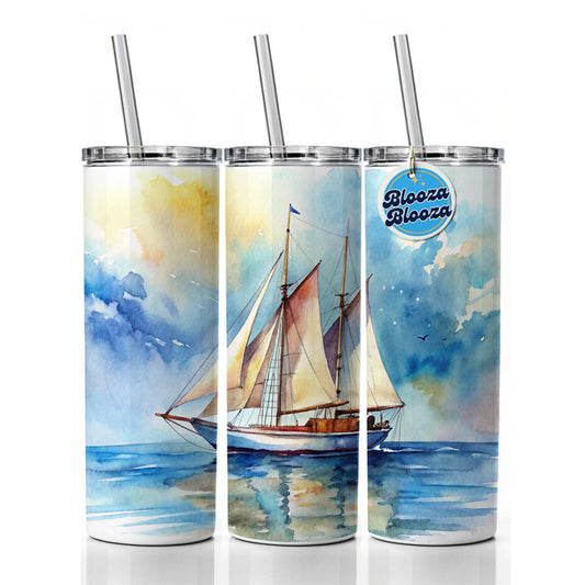 Sailboat At Sea Watercolor Design Skinny Tumbler 20oz with Straw Insulated Water Bottle Gift