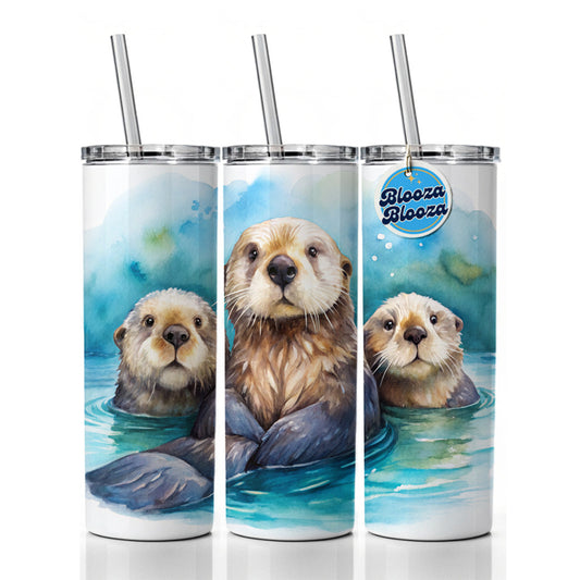 Sea Otters Watercolor Design Skinny Tumbler 20oz with Straw Insulated Water Bottle Gift