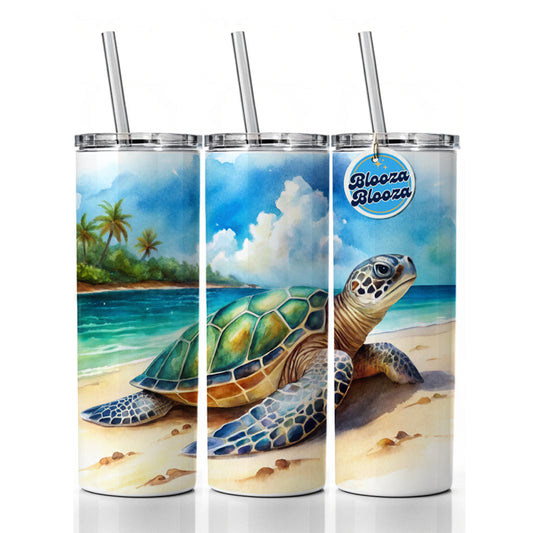 Sea Turtle Beach Watercolor Design Skinny Tumbler 20oz with Straw Insulated Water Bottle Gift