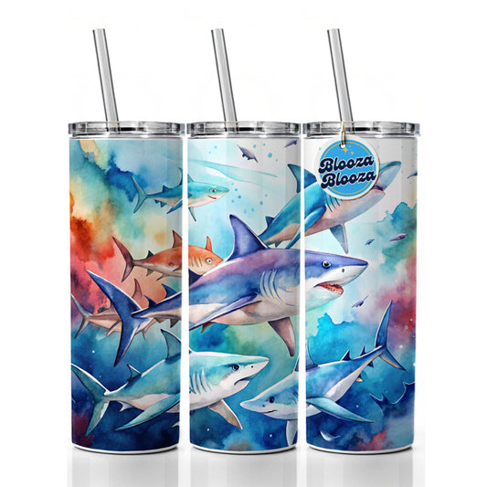 Sharks Watercolor Design Skinny Tumbler 20oz with Straw Insulated Water Bottle Gift