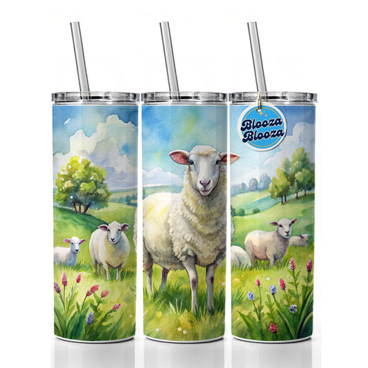 Sheep In Meadow Watercolor Design Skinny Tumbler 20oz with Straw Insulated Water Bottle Gift