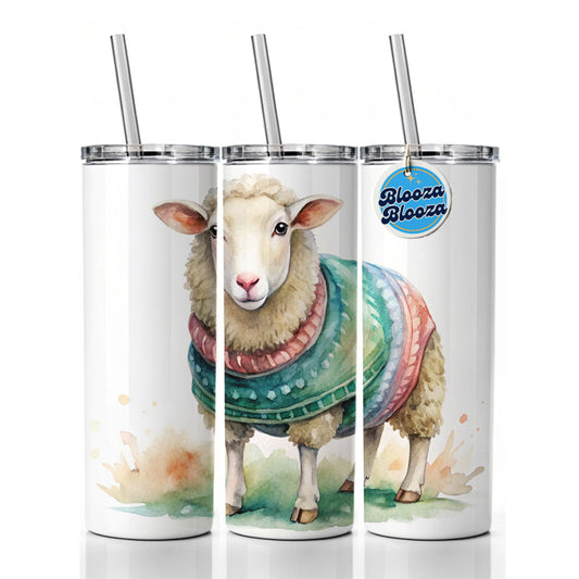 Sheep Wearing A Sweater Watercolor Skinny Tumbler 20oz with Straw Insulated Water Bottle Gift