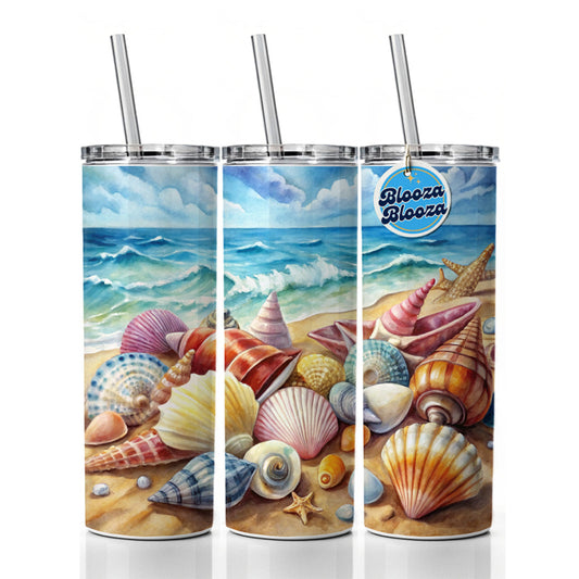Shells Beach Watercolor Design Skinny Tumbler 20oz with Straw Insulated Water Bottle Gift