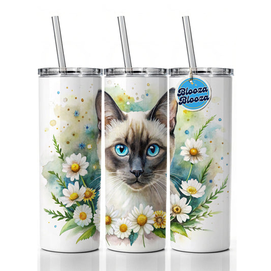 Siamese Cat Watercolor Design With Daisies Skinny Tumbler 20oz with Straw Insulated Water Bottle Gift