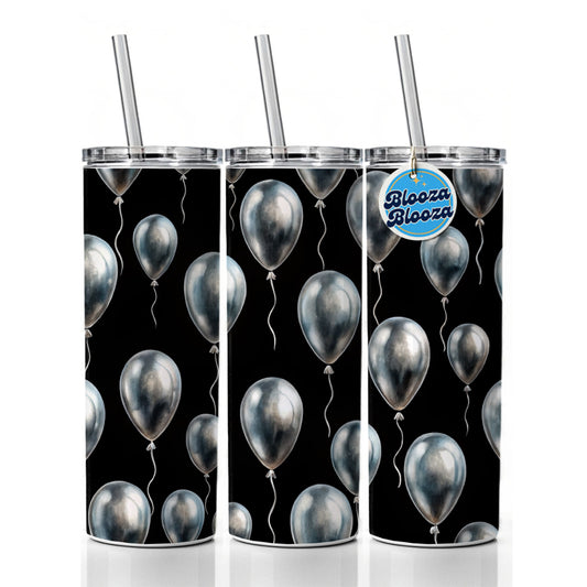 Silver Balloons Black Background Birthday Anniversary Skinny Tumbler 20oz with Straw Insulated Water Bottle Gift