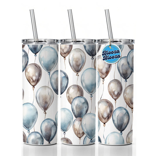Silver Balloons Watercolor Birthday Anniversary Skinny Tumbler 20oz with Straw Insulated Water Bottle Gift