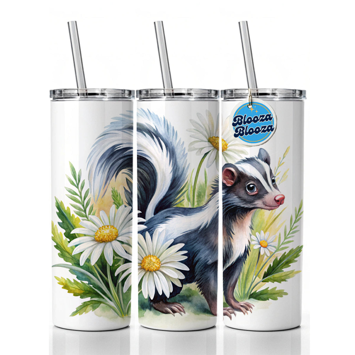 Skunk Watercolor Design With Daisies Skinny Tumbler 20oz with Straw Insulated Water Bottle Gift