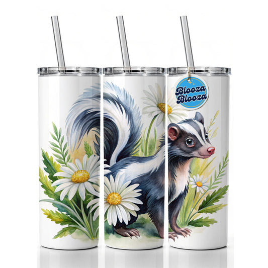 Skunk Watercolor Design With Daisies Skinny Tumbler 20oz with Straw Insulated Water Bottle Gift