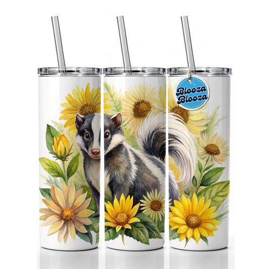 Skunk Watercolor Design With Sunflowers Skinny Tumbler 20oz with Straw Insulated Water Bottle Gift