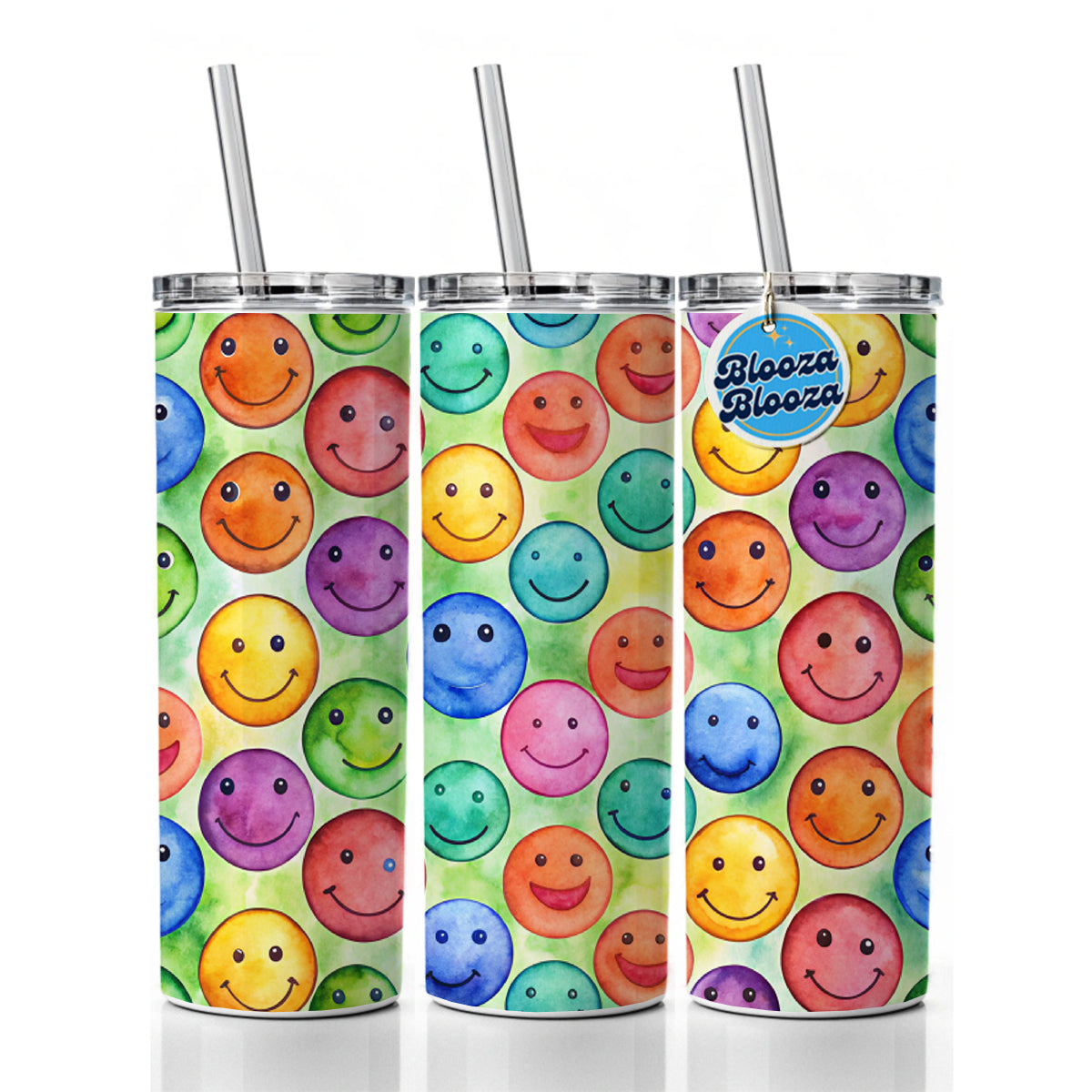Smile Faces Watercolor Skinny Tumbler 20oz with Straw Insulated Water Bottle Gift
