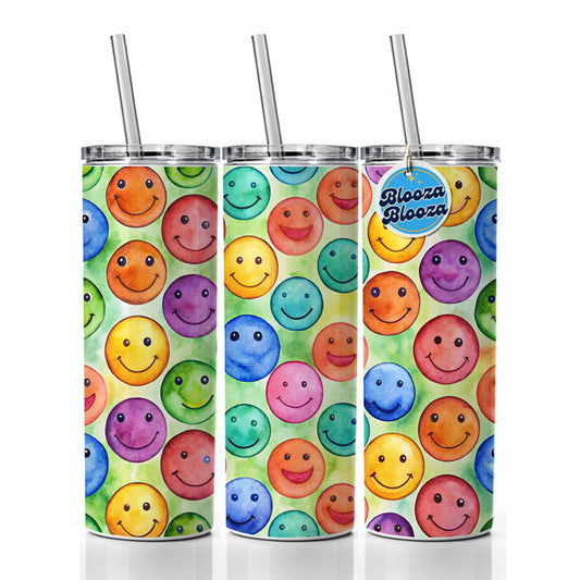 Smile Faces Watercolor Skinny Tumbler 20oz with Straw Insulated Water Bottle Gift