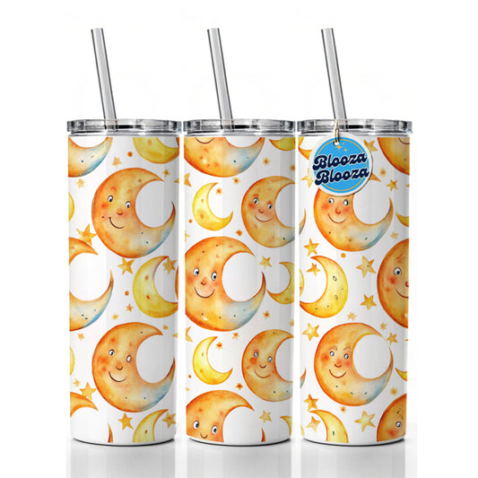 Smiling Crescent Moons Watercolor Skinny Tumbler 20oz with Straw Insulated Water Bottle Gift