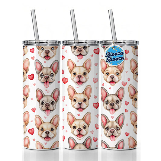 Smiling Cute French Bulldog Dog Faces Hearts Skinny Tumbler 20oz with Straw Insulated Water Bottle Gift