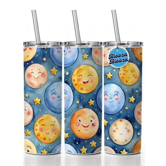 Smiling Moons Watercolor Skinny Tumbler 20oz with Straw Insulated Water Bottle Gift