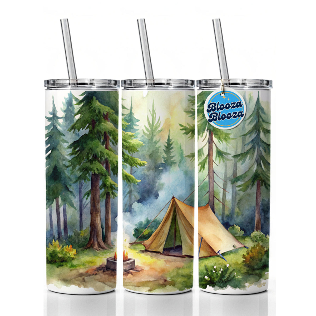 Solo Camping In Forest Watercolor Design Skinny Tumbler 20oz with Straw Insulated Water Bottle Gift