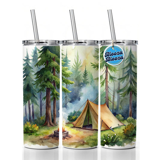 Solo Camping In Forest Watercolor Design Skinny Tumbler 20oz with Straw Insulated Water Bottle Gift