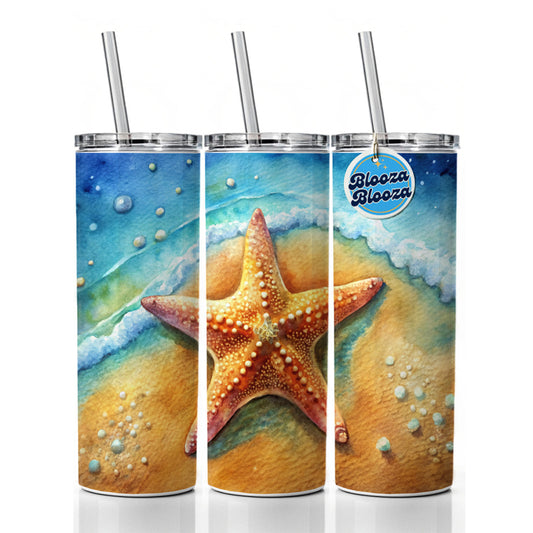 Starfish Sand Watercolor Design Skinny Tumbler 20oz with Straw Insulated Water Bottle Gift