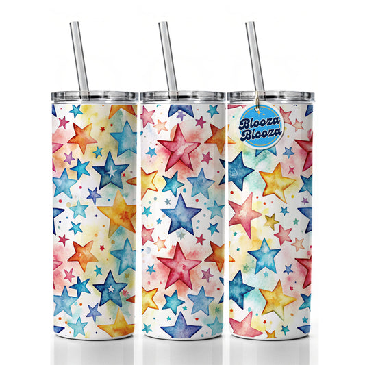 Stars Colorful Watercolor Skinny Tumbler 20oz with Straw Insulated Water Bottle Gift