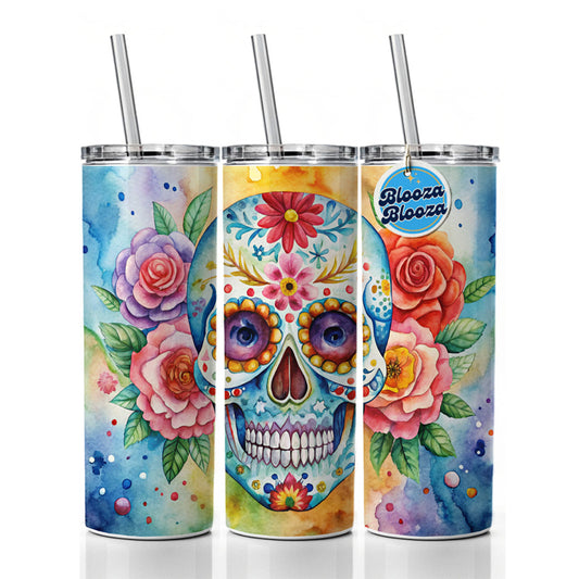 Sugar Skull Watercolor Skinny Tumbler 20oz with Straw Insulated Water Bottle Gift