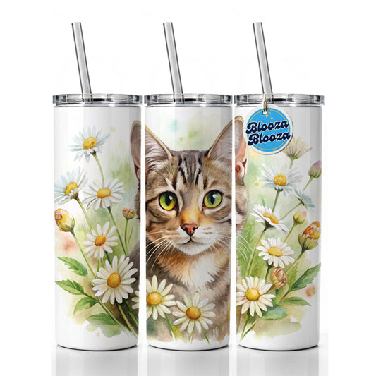 Tabby Cat Watercolor Design With Daisies Skinny Tumbler 20oz with Straw Insulated Water Bottle Gift