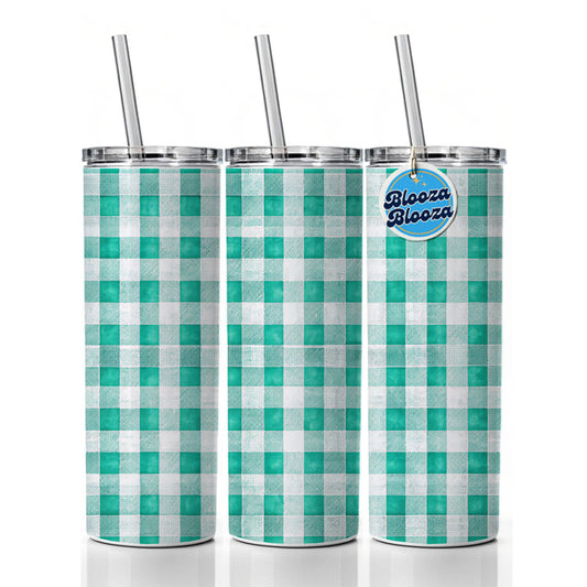 Teal White Gingham Watercolor Skinny Tumbler 20oz with Straw Insulated Water Bottle Gift