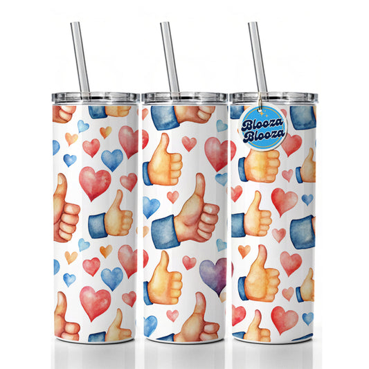 Thumbs Up Hearts Watercolor Skinny Tumbler 20oz with Straw Insulated Water Bottle Gift