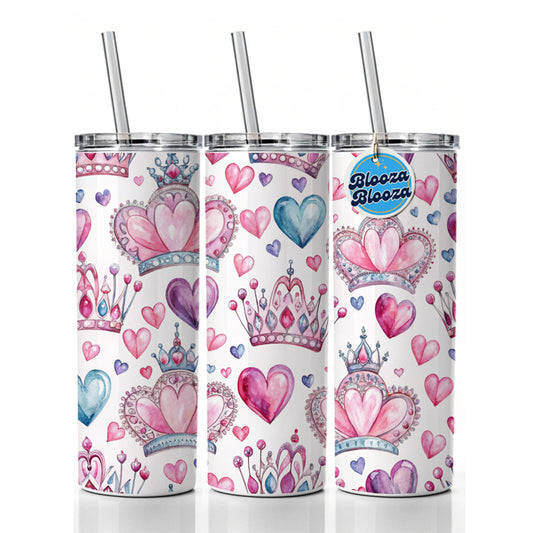 Tiaras Crowns Royalty Hearts Watercolor Skinny Tumbler 20oz with Straw Insulated Water Bottle Gift
